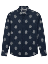 Front view of Nasseeb men's printed shirt in navy blue with palm design