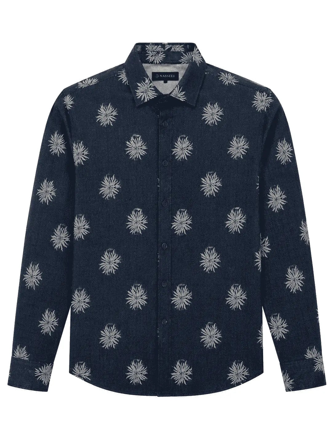 Front view of Nasseeb men's printed shirt in navy blue with palm design