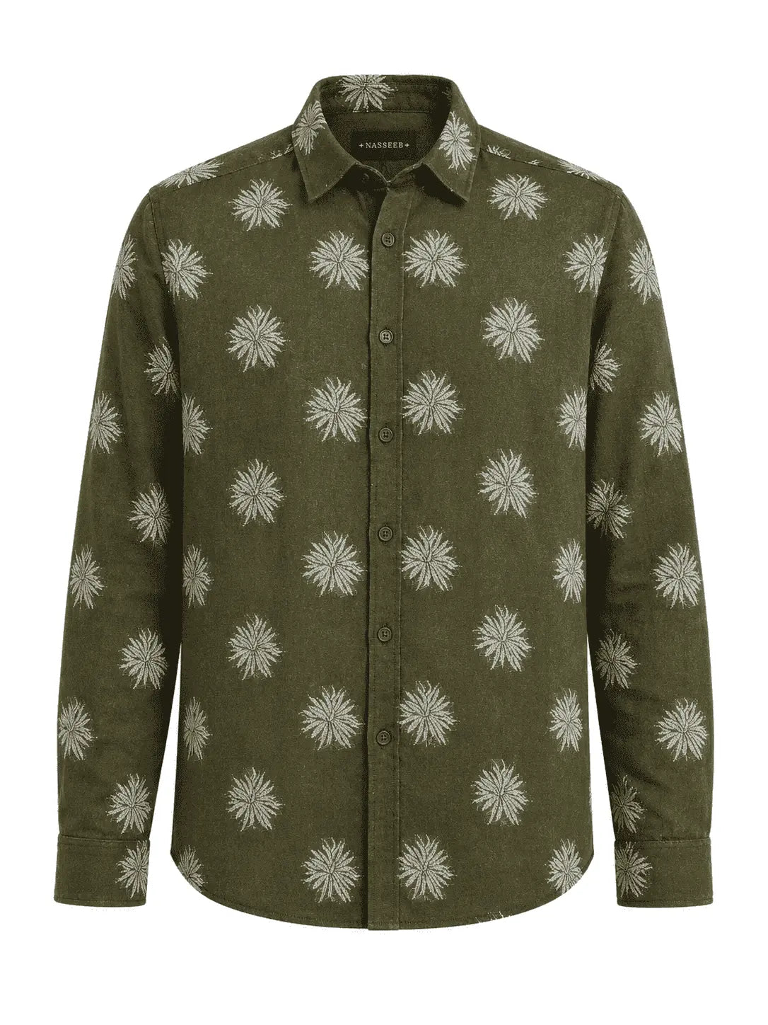 Front view of Nasseeb men's printed shirt in olive green with palm design