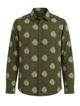 Front view of Nasseeb men's printed shirt in olive green with palm design