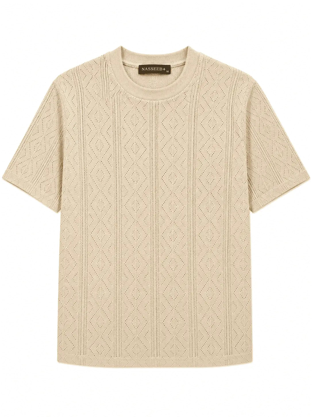 Front view of Nasseeb Men's Heritage textured knit T-shirt in cream