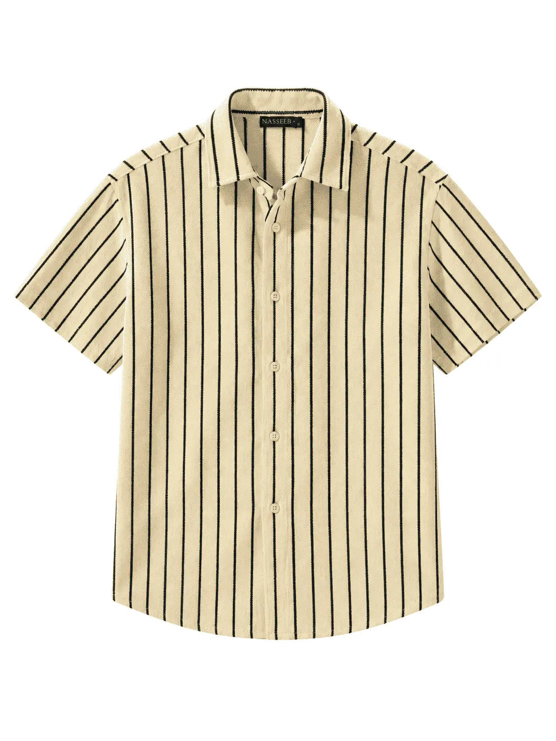 Front view of Nasseeb Men's Monaco striped short sleeve shirt
