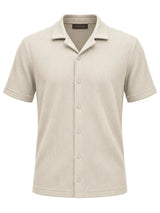 Front view of Nasseeb men's ribbed short sleeve shirt in beige