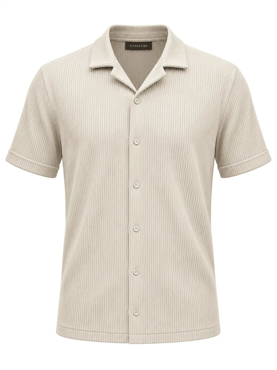 Front view of Nasseeb men's ribbed short sleeve shirt in beige
