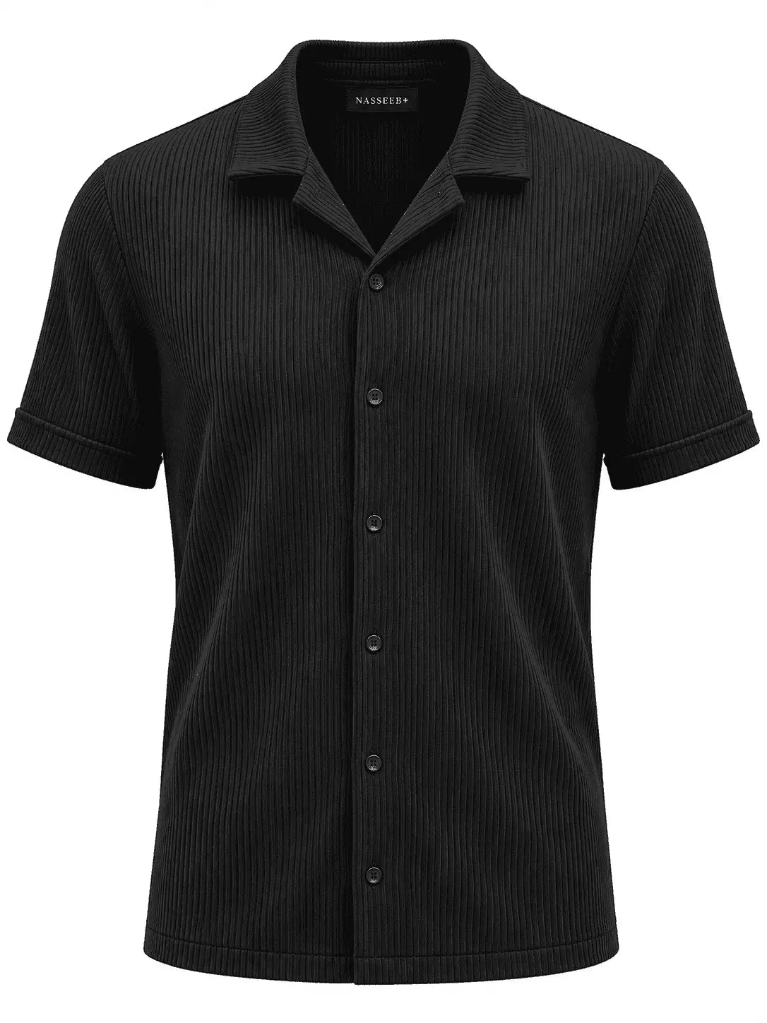 Front view of Nasseeb men's ribbed short sleeve shirt in black