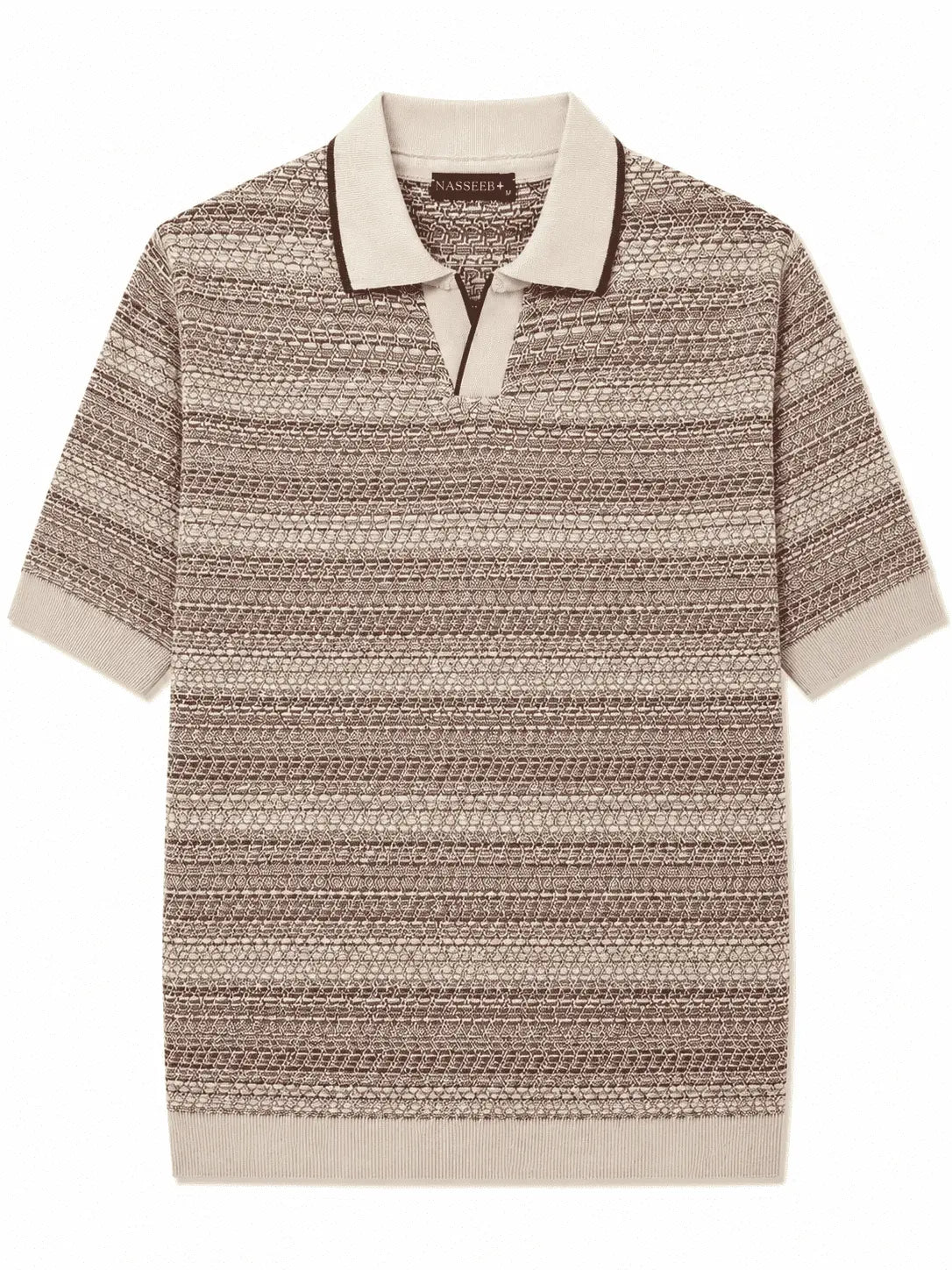 Front view of Nasseeb men's textured polo shirt in beige brown