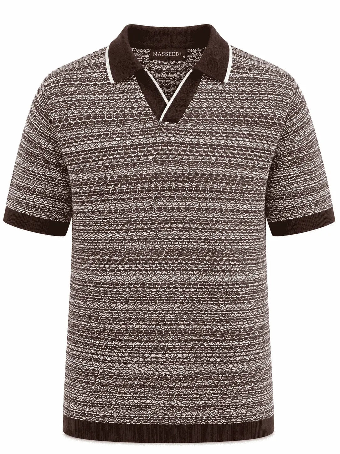 Front view of Nasseeb men's textured polo shirt in dark brown