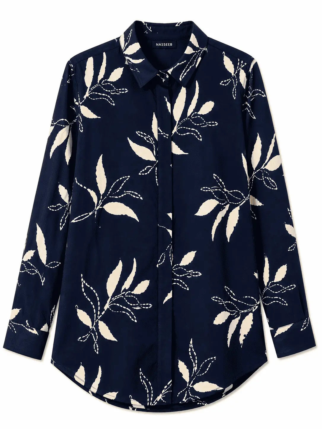 Front view of Nasseeb Women's Capri navy floral shirt