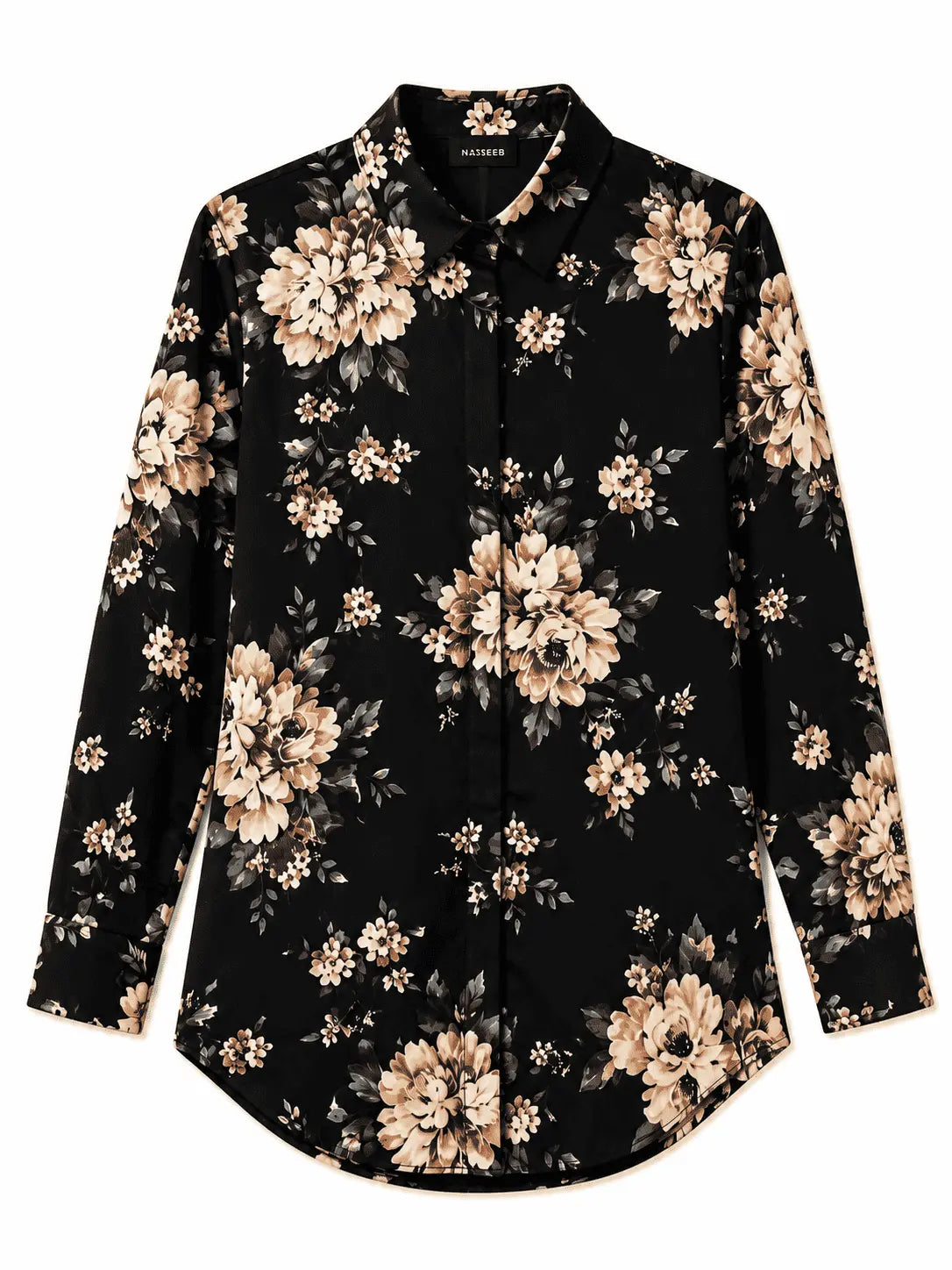 Front view of Nasseeb Women's Florence floral print shirt in black
