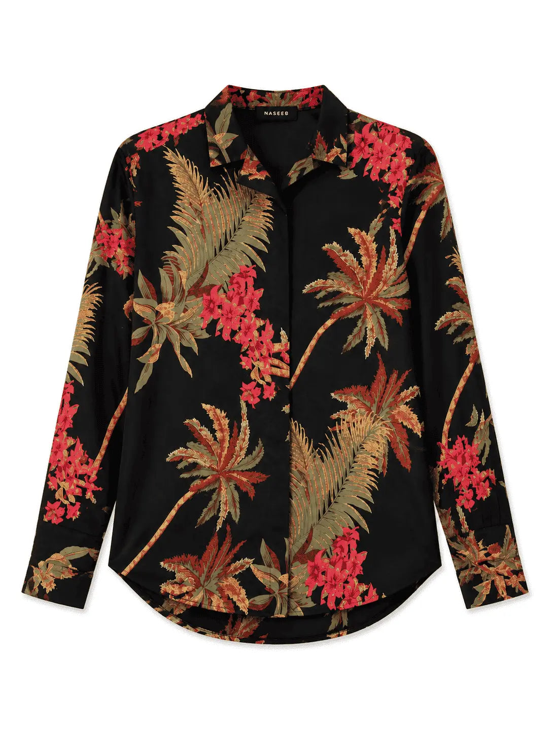 Front view of Nasseeb Women's Monaco tropical print shirt