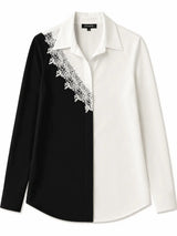 Front view of Nasseeb Monarch floral embroidered shirt in black and white