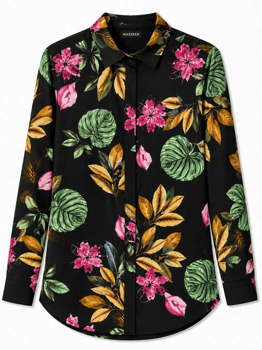 Front view of Nasseeb Women's Riviera botanical print shirt